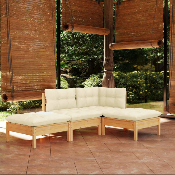 4 Piece Garden Lounge Set with Cream Cushions Solid Pinewood