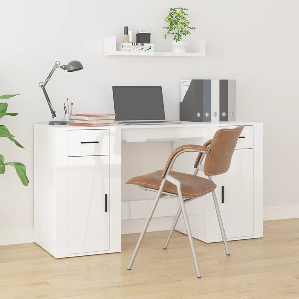 Desk with Cabinet High Gloss White Engineered Wood