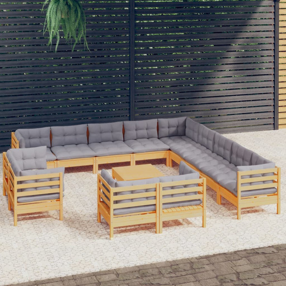14 Piece Garden Lounge Set with Grey Cushions Solid Pinewood