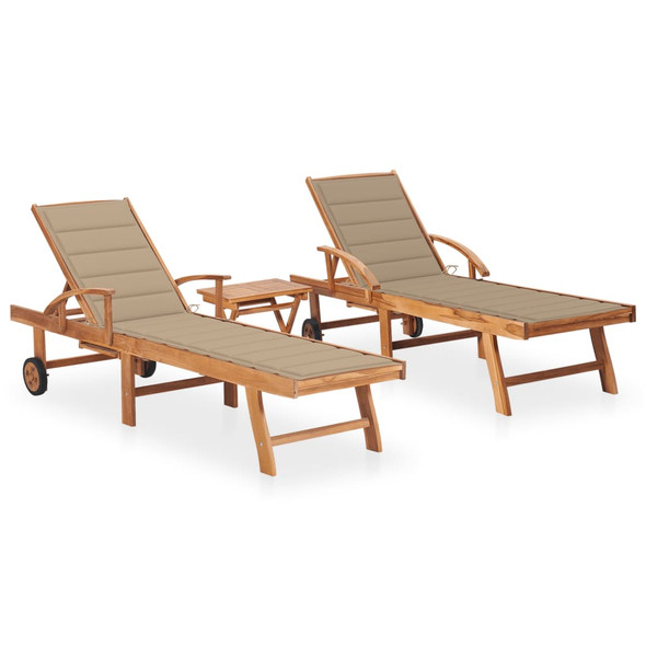 vidaXL Sun Loungers 2 pcs with Table and Cushion Solid Teak Wood