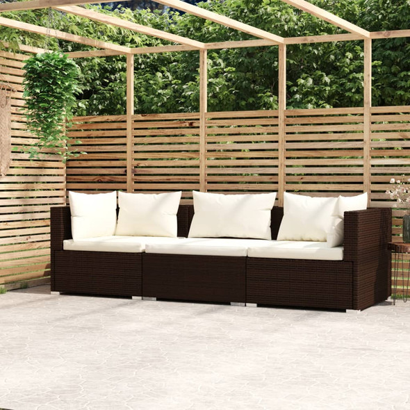 vidaXL 3-Seater Sofa with Cushions Brown Poly Rattan