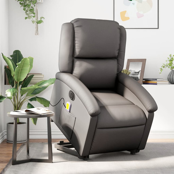 vidaXL Electric Stand up Massage Recliner Chair Grey Real Leather