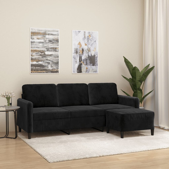 vidaXL 3-Seater Sofa with Footstool Black 180 cm Velvet