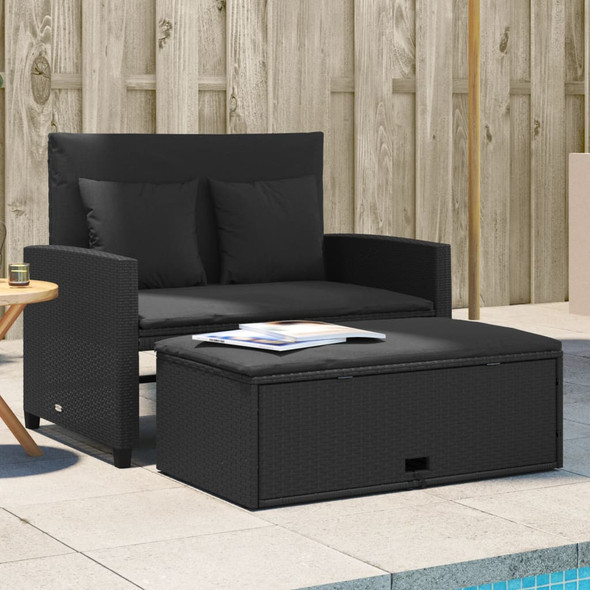 vidaXL Garden Sofa with Cushions 2-Seater Black Poly Rattan