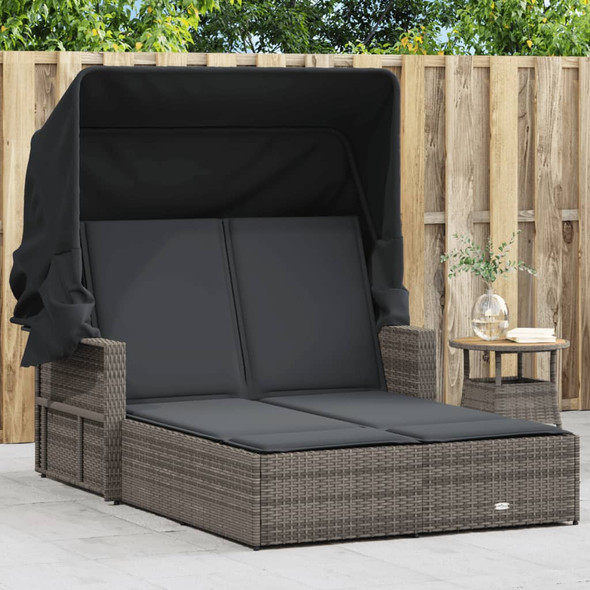 vidaXL Double Sun Lounger with Canopy and Cushions Grey Poly Rattan