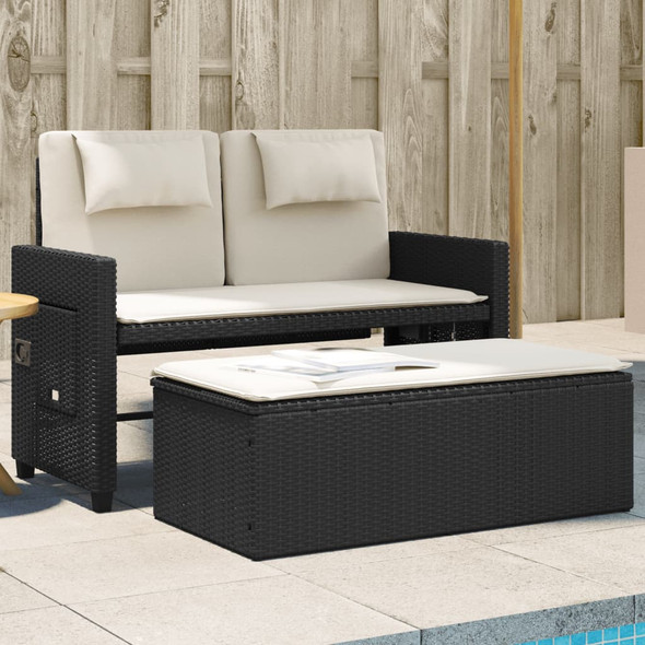 vidaXL Reclining Garden Bench with Cushions Black Poly Rattan