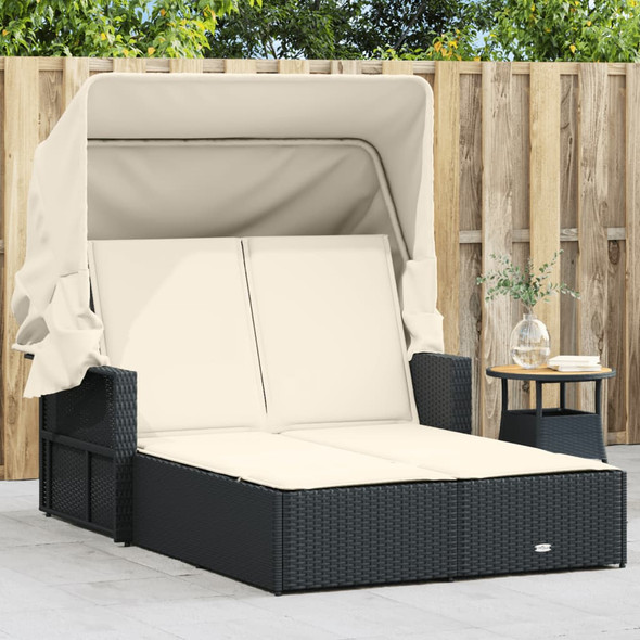 vidaXL Double Sun Lounger with Canopy and Cushions Black Poly Rattan