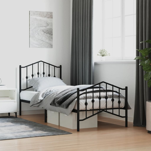vidaXL Metal Bed Frame with Headboard and Footboard Black 92x187 cm Single Size