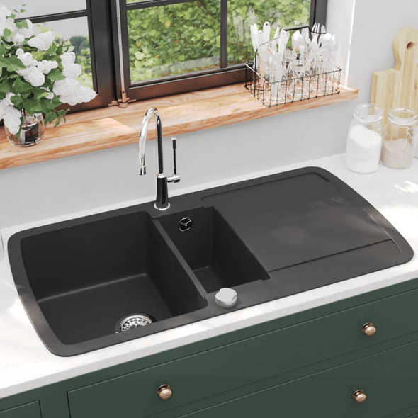 vidaXL Granite Kitchen Sink Double Basin Black