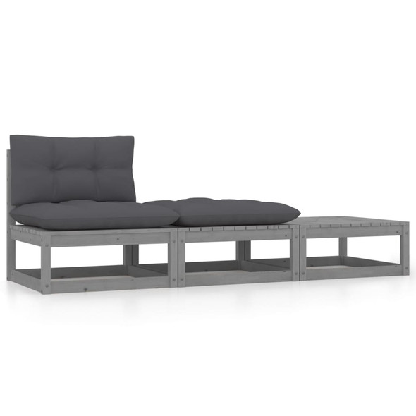 vidaXL 3 Piece Garden Lounge Set with Cushions Grey Solid Pinewood