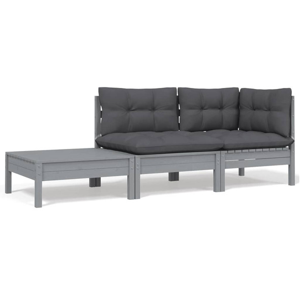 vidaXL 3 Piece Garden Lounge Set with Cushions Grey Solid Pinewood