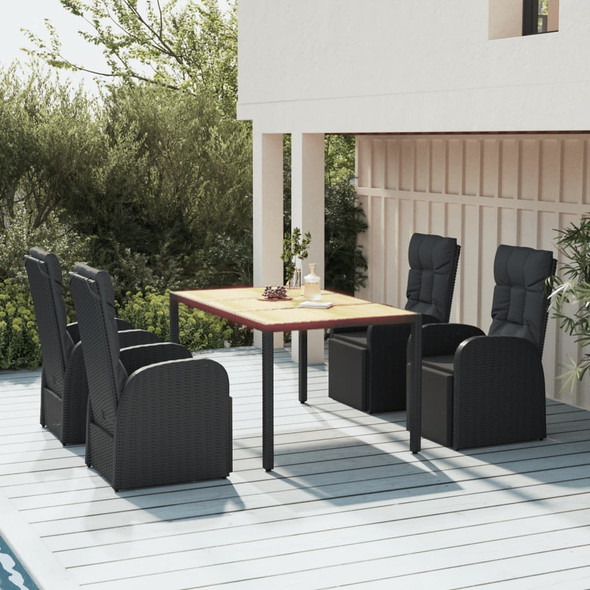 vidaXL 5 Piece Garden Dining Set Black Poly Rattan&Solid Wood Acacia