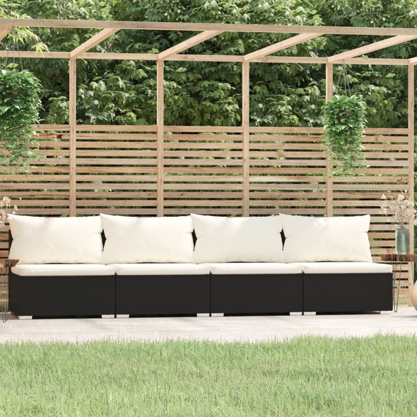 vidaXL 4-Seater Sofa with Cushions Black Poly Rattan