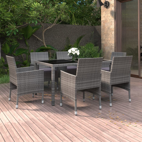 vidaXL 7 Piece Garden Dining Set Poly Rattan and Tempered Glass Grey