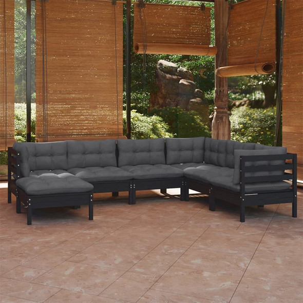 vidaXL 7 Piece Garden Lounge Set with Cushions Black Solid Pinewood