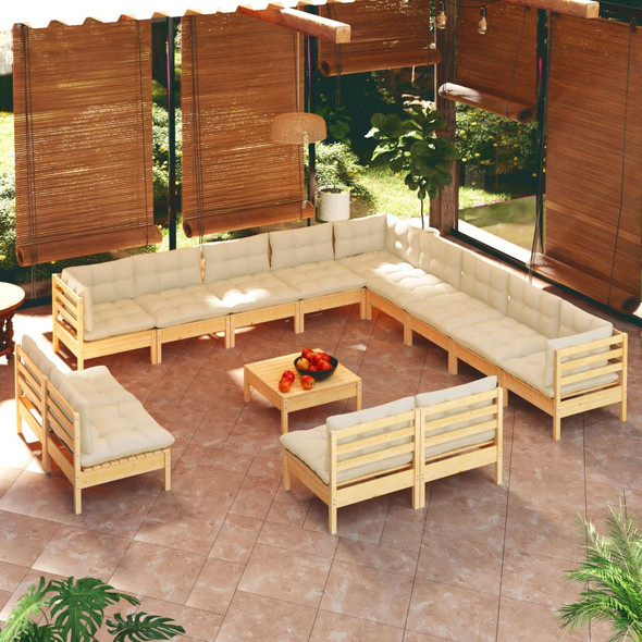 vidaXL 14 Piece Garden Lounge Set with Cream Cushions Solid Pinewood