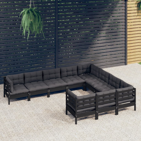 vidaXL 10 Piece Garden Lounge Set with Cushions Black Pinewood