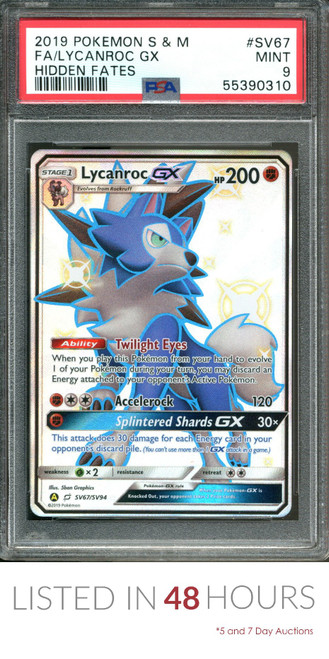 2019 POKEMON SUN & MOON HIDDEN FATES #SV67 FA/LYCANROC GX PSA 9