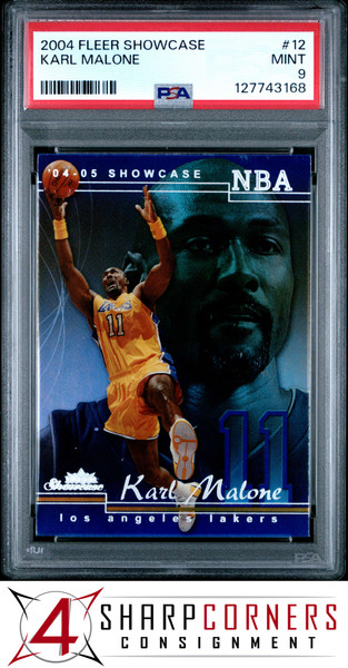 2004 FLEER SHOWCASE #12 KARL MALONE LAKERS HOF POP 1 PSA 9 - 4 Sharp ...