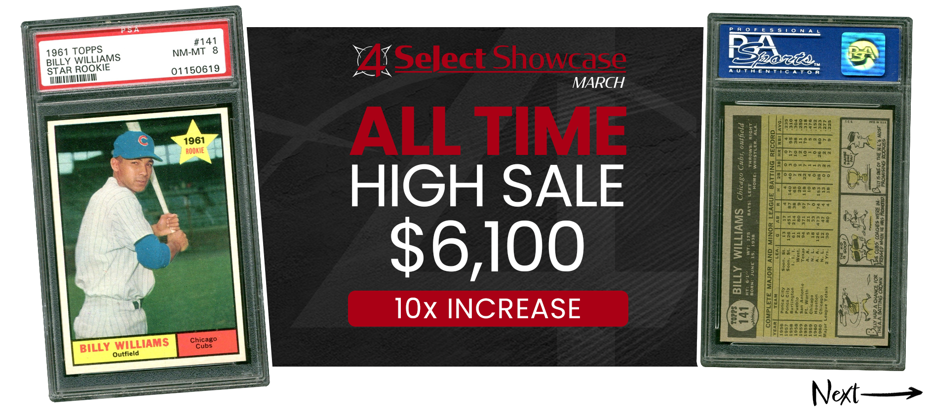 1961 TOPPS STAR ROOKIE 141 BILLY WILLIAMS RC CUBS HOF PSA 8