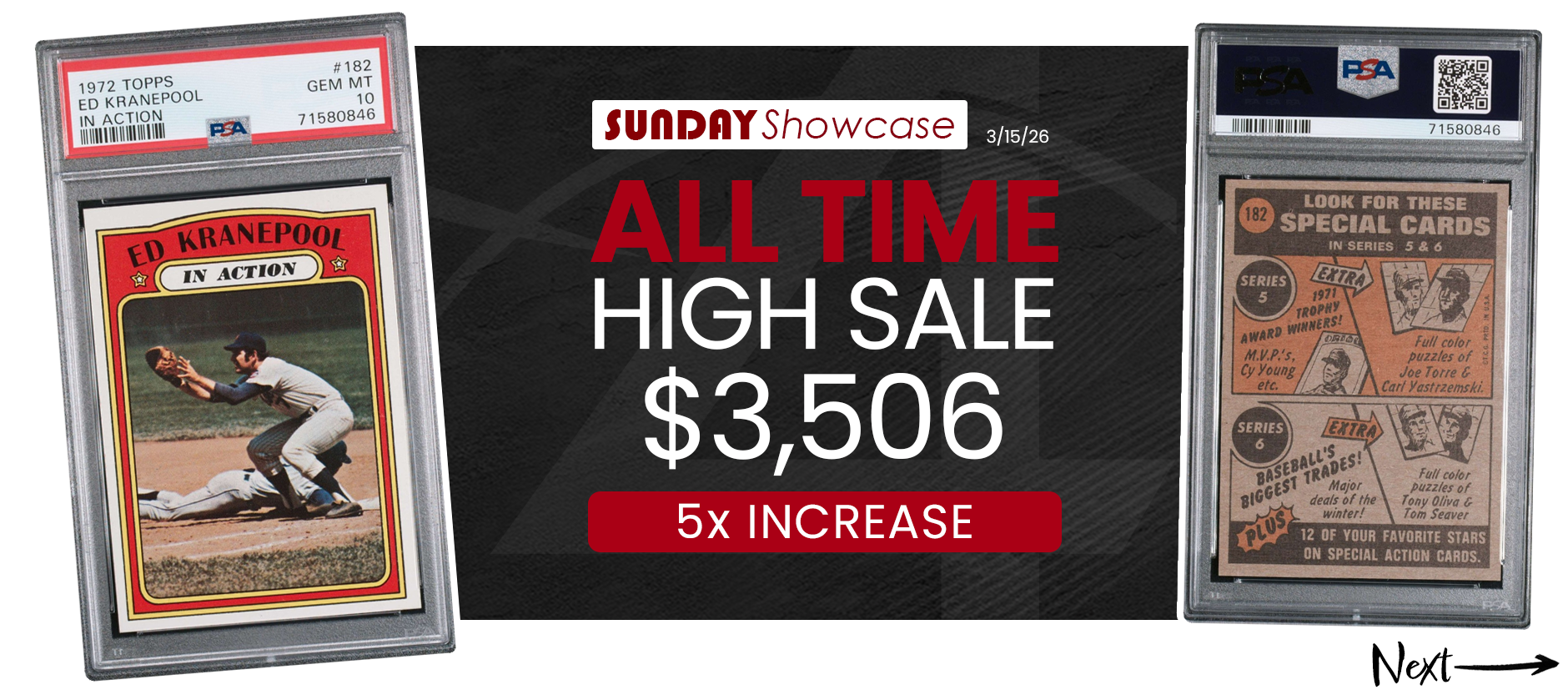 1972 TOPPS IN ACTION 182 ED KRANEPOOL METS POP 2 PSA 10