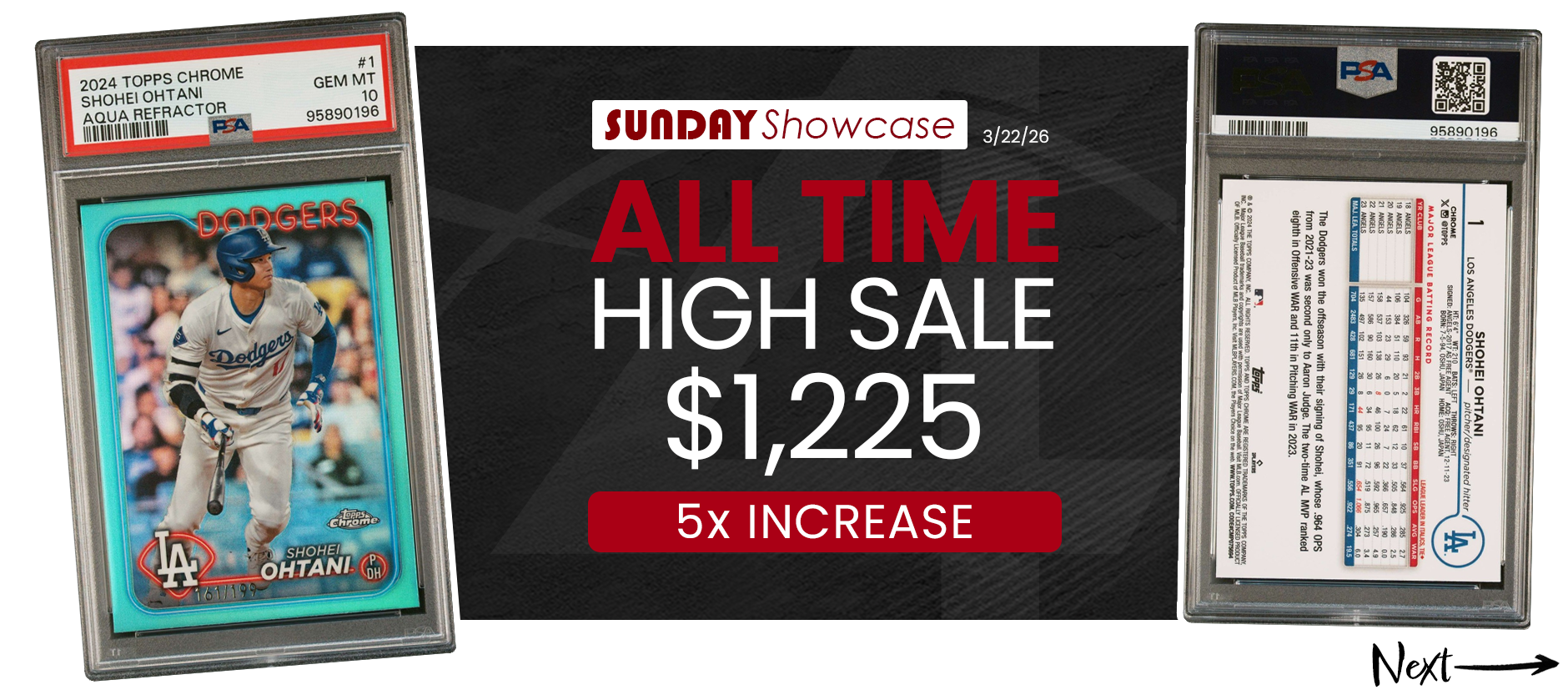 2024 TOPPS CHROME AQUA REFRACTOR 1 SHOHEI OHTANI DODGERS 199 PSA 10