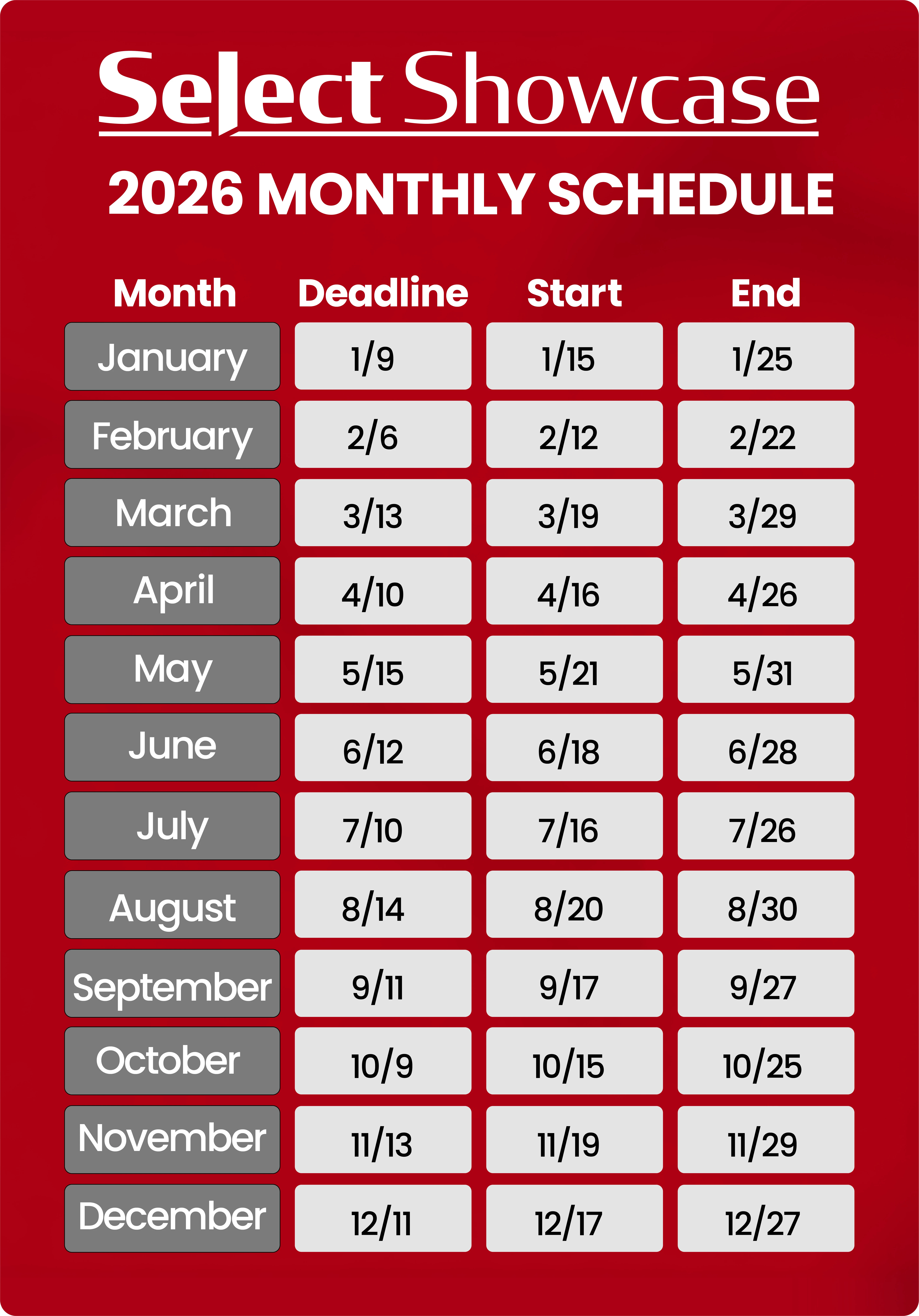 Select Showcase 2026 Monthly Schedule