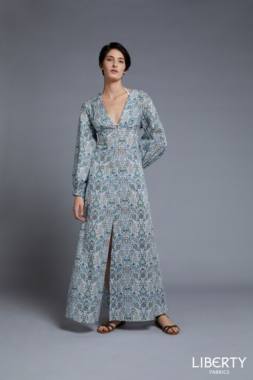 Tilly Tiered Maxi Dress in Recycled Polyester Blue