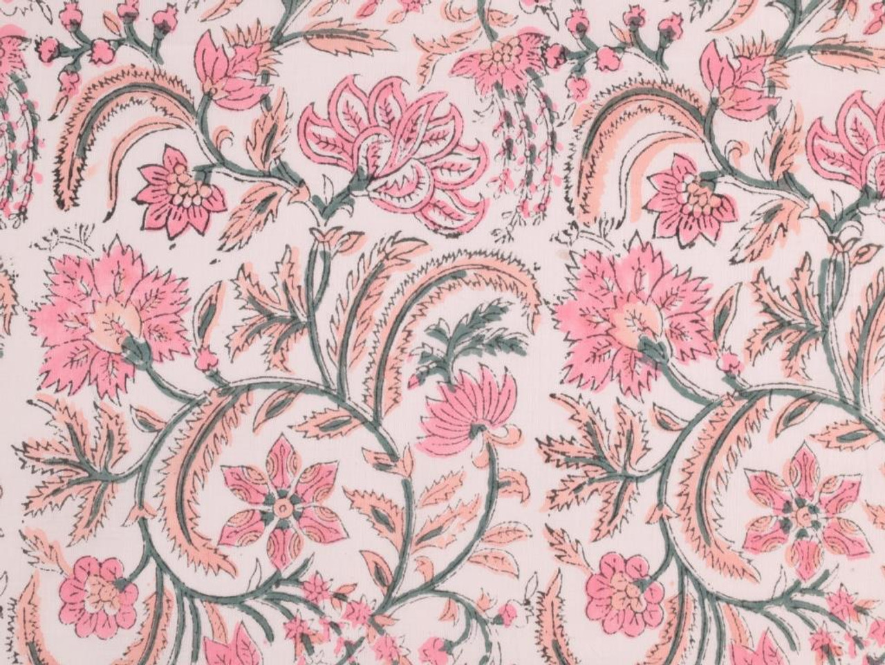 Dressmaking Fabric | Arya Hand Block Print Cotton - Pink, Green & White ...