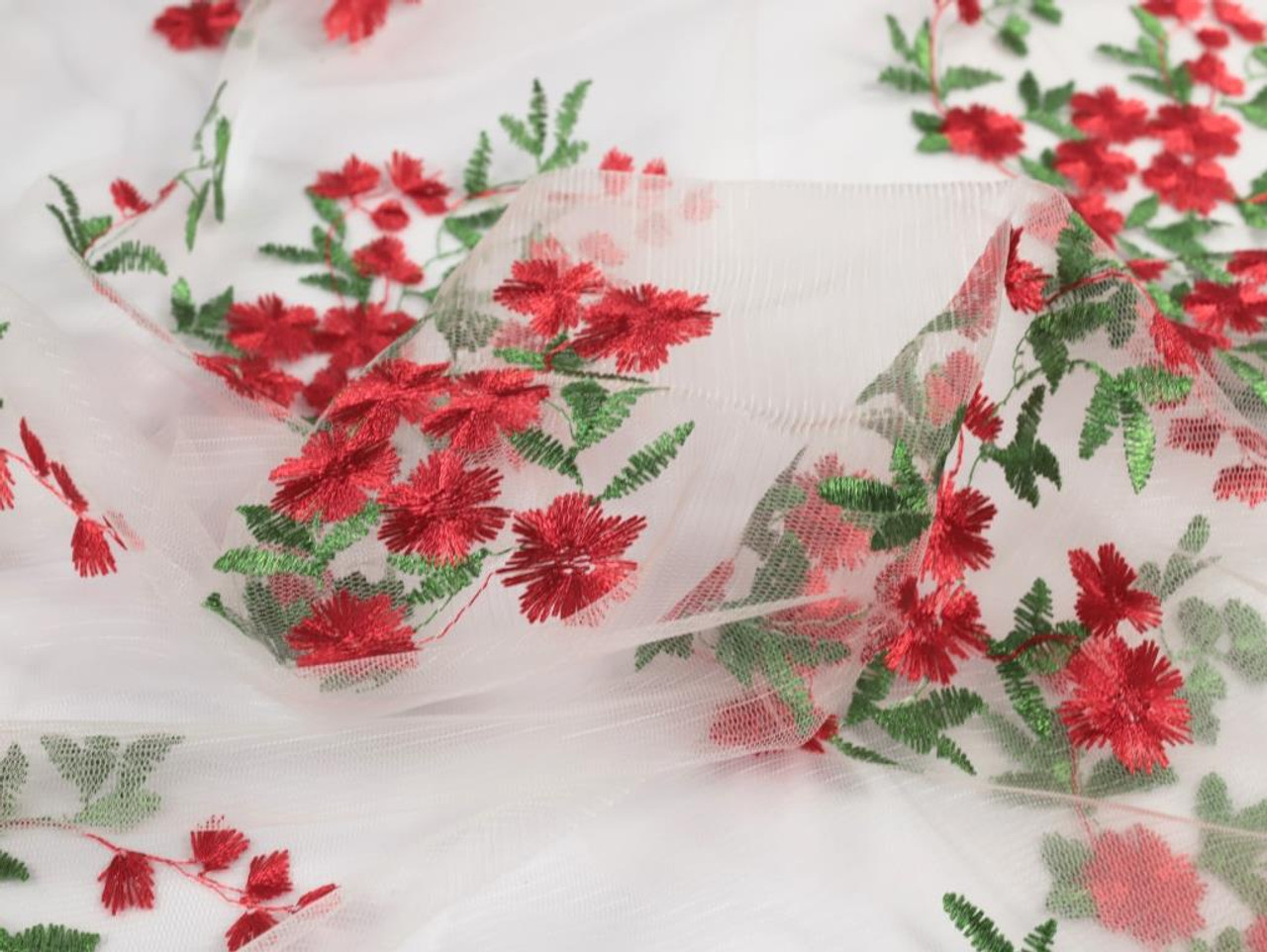 Dressmaking Fabric, Alexandra Floral Embroidered Tulle - Red & White