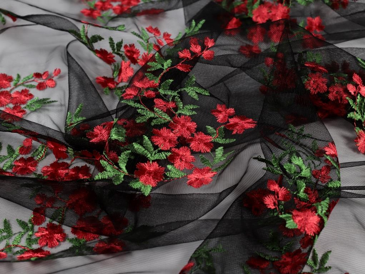 Dressmaking Fabric, Alexandra Floral Embroidered Tulle - Red & Black