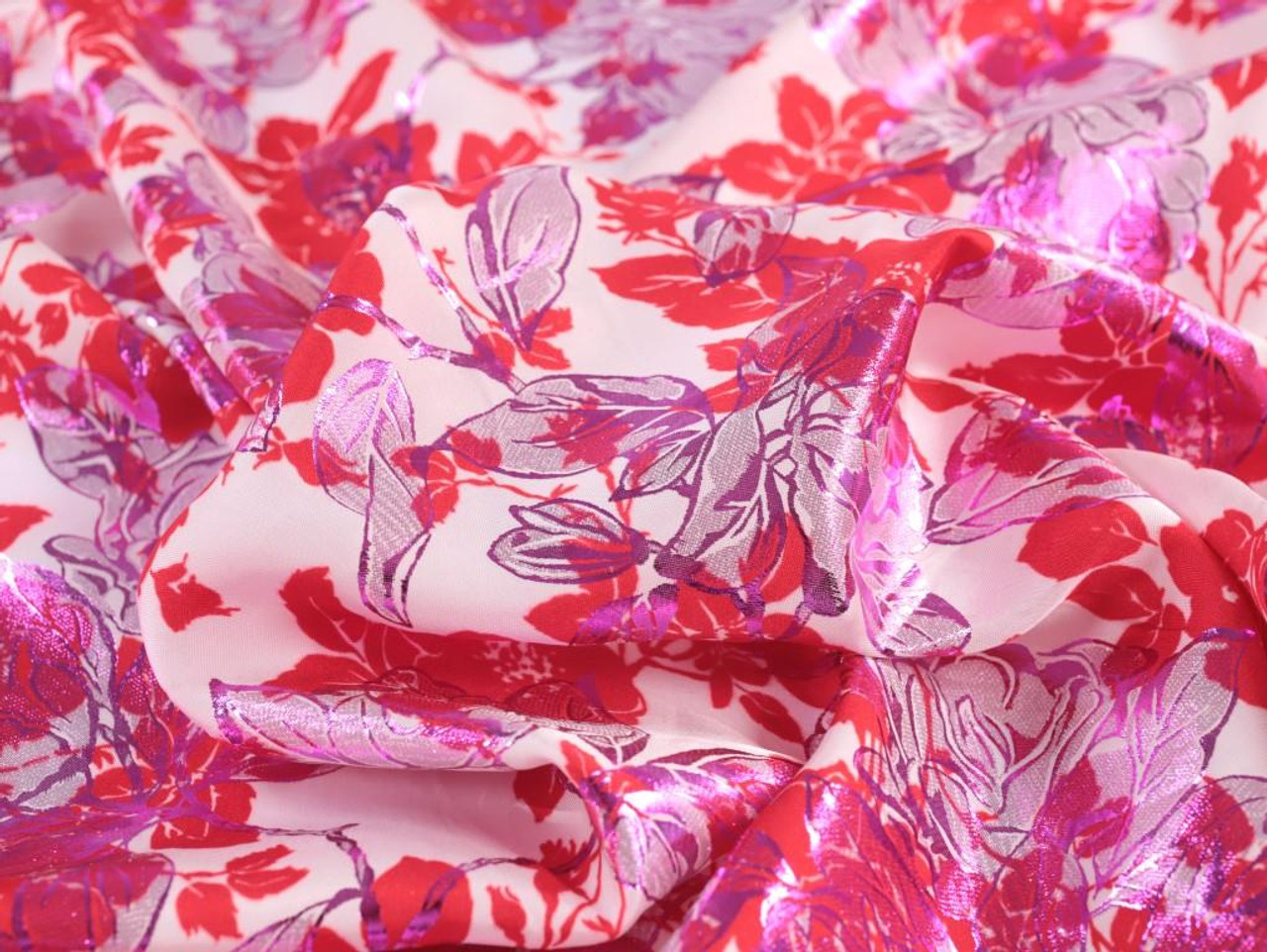 Dressmaking Fabric | Isolde Foil Viscose Satin Twill - Red & Purple ...