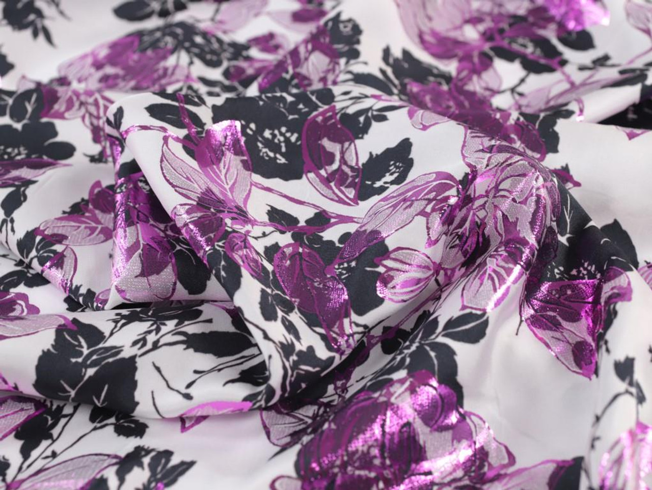 Dressmaking Fabric | Isolde Foil Viscose Satin Twill - Black & Purple ...