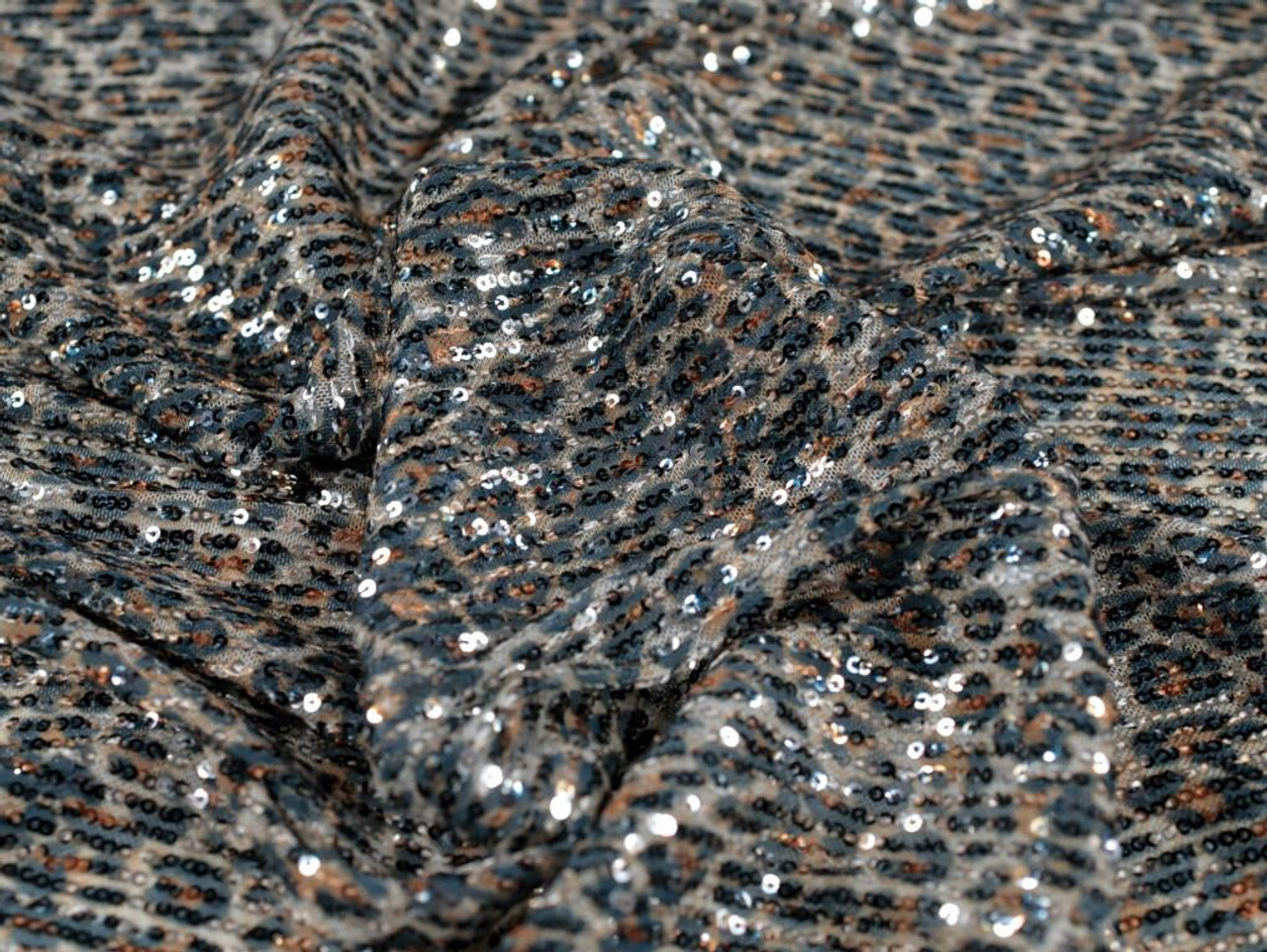 Dressmaking Fabric, Leopard Sequin Stretch Mesh- Natural