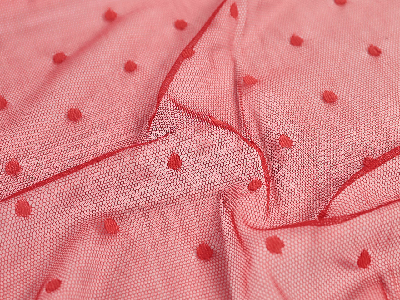 Dressmaking Fabric Scarlet Embroidered Dot Stretch Tulle Red