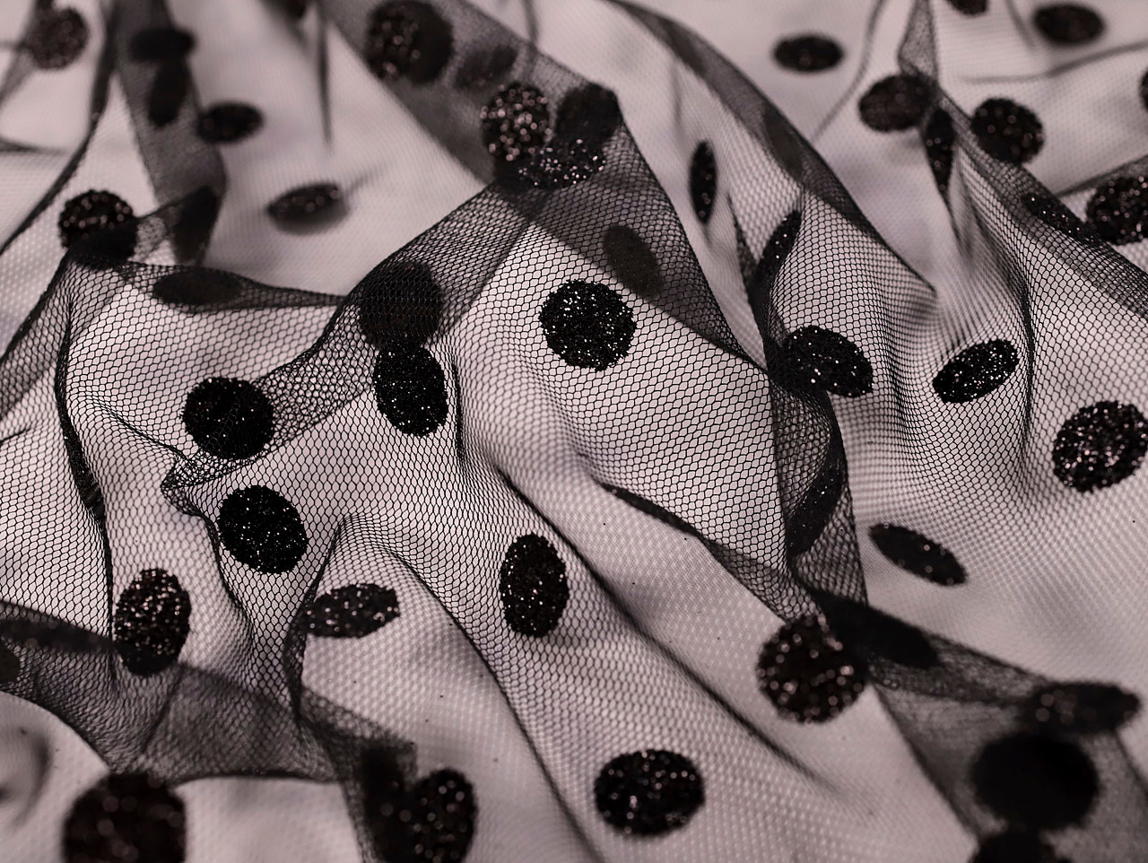 Dressmaking Fabric Elizabeth Glitter Spot Tulle Black Fabric