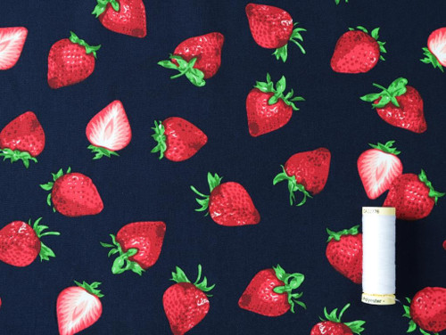 Cotton Fabric - Strawberries on blue background