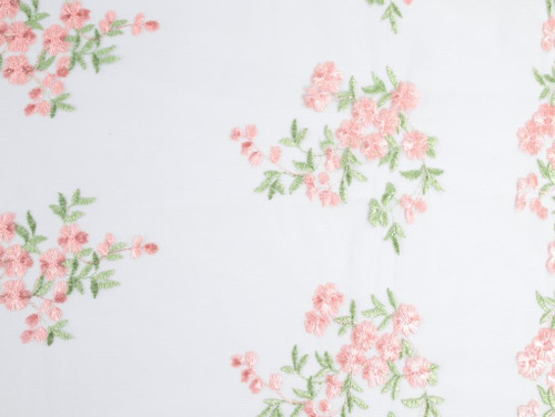 Dressmaking Fabric, Alexandra Floral Embroidered Tulle - Pink & White