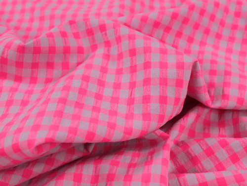 Dressmaking Fabric | Gwyneth Neon Gingham Cotton Seersucker - Pink | Fabric Godmother 