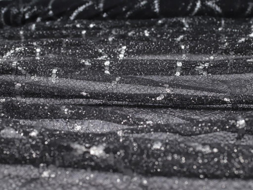 Dressmaking Fabric, Ursula Metallic Eyelash Lace - Black & Silver