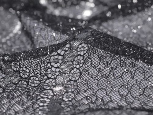 Dressmaking Fabric, Ursula Metallic Eyelash Lace - Black & Silver