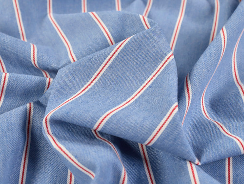 Dressmaking Fabric | Nico Stripe 7.5oz Denim -  Light Blue & Red | Fabric Godmother