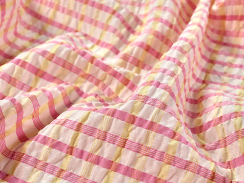 Dressmaking Fabric | Rafe Check Seersucker - Pink & Yellow | Fabric Godmother  Dressmaking Fabric | Rafe Check Seersucker - Pink & Yellow | Fabric Godmother