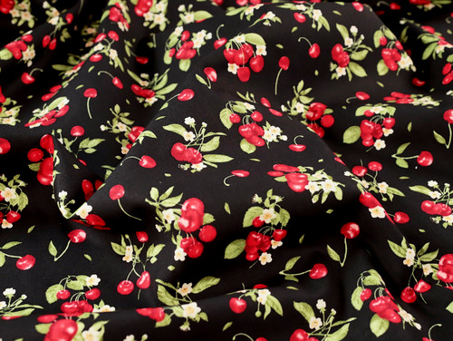 Dressmaking Fabric | Cali Cherry Cotton Poplin - Black  | Fabric Godmother  Dressmaking Fabric | Cali Cherry Cotton Poplin - Black  | Fabric Godmother