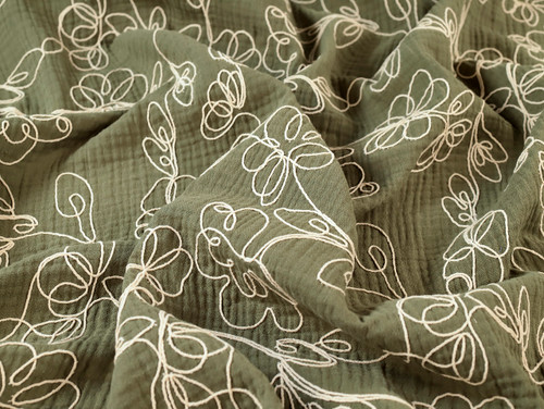 Dressmaking Fabric | Kamaria Embroidered Double Gauze - Green | Fabric Godmother 