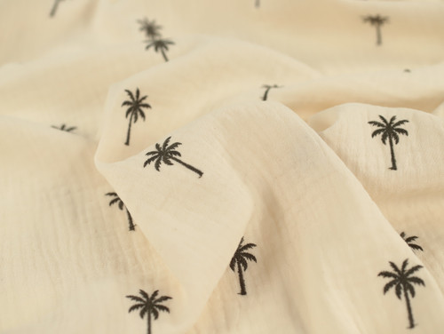 Dressmaking Fabric | Evan Embroidered Palm Double Gauze - Cream | Fabric Godmother 