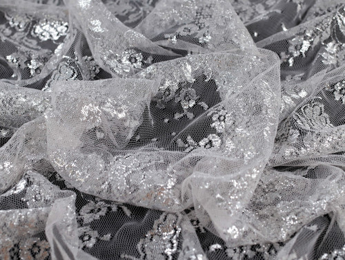 Dressmaking Fabric | Eugenie Scallop Edge Metallic Lace - Silver & White | Fabric Godmother