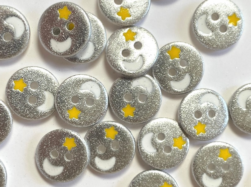 Haberdashery | Glitter Moon & Star Buttons - 12mm - Silver | Fabric Godmother 