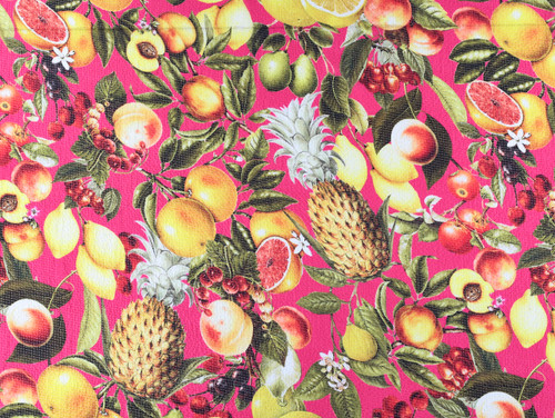 Dressmaking Fabric | Tropical Fruits Silk Seersucker - Pink | Fabric Godmother 