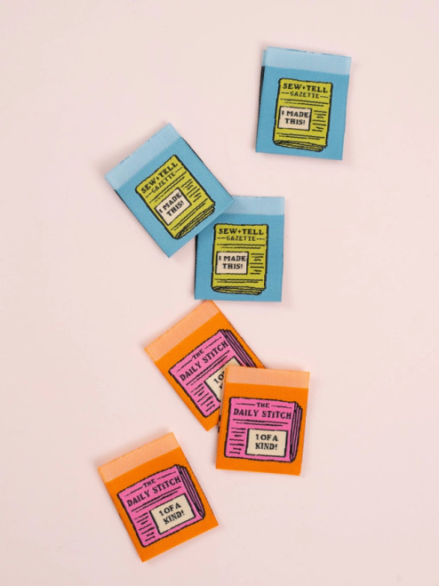 Haby | 'Newspaper' Woven Labels - Blue & Orange | Fabric Godmother